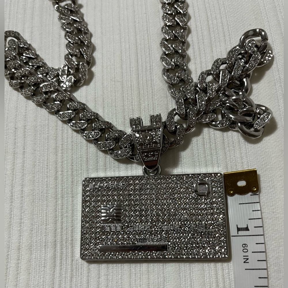 Iced Out Credit Card Pendant & Heavy Cuban Link Chain Necklace - Silver Tone - Picture 8 of 10
